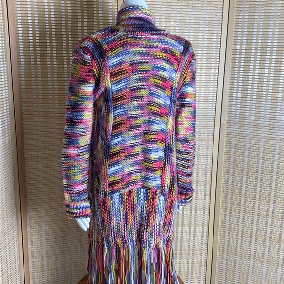 Blue Buttercup Multi Colored Long Cardigan Knit Sweater Fringe Hem Size Medium - Picture 5 of 6
